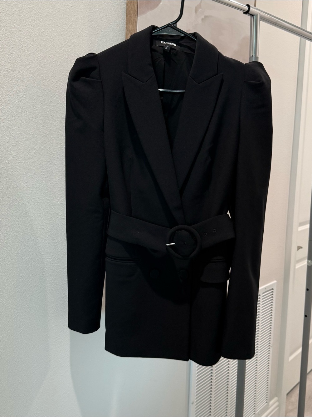 Express Black Belted Puff-Shoulder Blazer